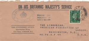OHMS 1940 London to USA Official Wrapper KGV1 ½d Perfin Stamp - Picture 1 of 2