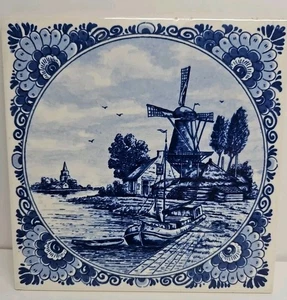 Delft Blue Ceramic Hand Painted Hanging Tile Boatdock and Windmill Blue Delft - Picture 1 of 4