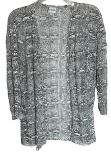 Chicos Midlength Jacket Size 2 Black White Textured Semi Sheer Open Drape Front - Picture 1 of 4