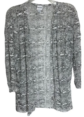 Chicos Midlength Jacket Size 2 Black White Textured Semi Sheer Open Drape Front - Image 1 of 4