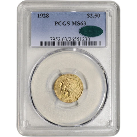 1928 US Gold $2.50 Indian Head Quarter Eagle - PCGS MS63 CAC Verified Cover