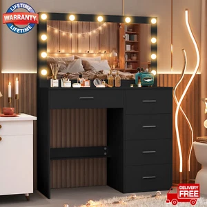Vanity Makeup Desk w/ 11 LED Light Blubs Mirror& 5 Sliding Drawers for Bedroom - Picture 1 of 12