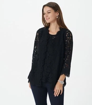 Isaac Mizrahi Live! Lace Open Front Cardigan Black Large A395173 - Изображение 1 из 4