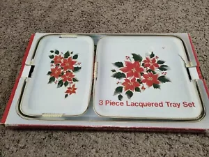 Vintage 3pc Tray Set Gold Rim Poinsettia Holly Kmart Christmas Made In Japan - Picture 1 of 5