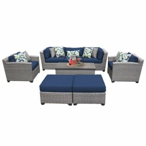 TK Classics Florence 8 Piece Wicker Patio Sectional Set w/ Navy Cushions - Picture 1 of 1