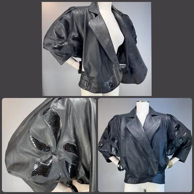 De Colección Años 80 Cuero Avant Garde Negro Reptil Parche Flores Dolman Slouch Argentina Foto 1 de 4