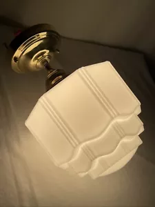 RESTORED Antique Vtg Art Deco Ceiling Light Skyscraper Schoolhouse Milk Glass 8" - Picture 1 of 24