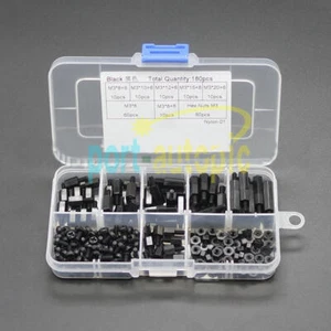 180PCS M3 Nylon Nero Esagonale M-F Stand Off Set Distanziali/Vite/Dado Kit Assortito Scatola - Foto 1 di 1