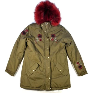 Charlotte Russe Winter Coat Womens Size Medium Olive Green Roses Full Zip Hooded - Picture 1 of 18
