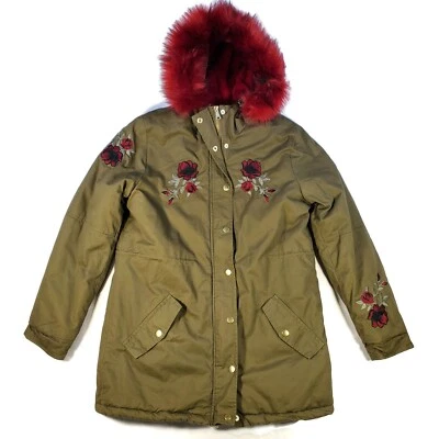 Charlotte Russe Winter Coat Womens Size Medium Olive Green Roses Full Zip Hooded - Image 1 of 4