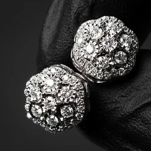 Men's Large 14K White Gold Iced Lab Grown Diamond Flower Cluster Stud Earrings - Picture 1 of 6