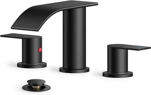 FORIOUS Waterfall Bathroom Faucet Black, Matte Black Bathroom Faucet 3 Hole F184 - Picture 1 of 7