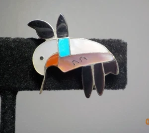 RGF SIGNED NATIVE AMERICAN MOP/ONYX/TURQUOISE INLAY HUMMINGBIRD SINGLE EARRING - Picture 1 of 11