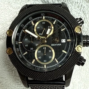 Läuft - Benyar BY-5109M Datum schwarzes Zifferblatt Meshband Herren Chronograph Uhr 48mm - Bild 1 von 11