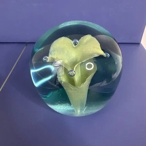 Kunst Glas Briefbeschwerer Bubble Mehrfarbig Gelb Blau Grün Blume Mitte Rund - Bild 1 von 6