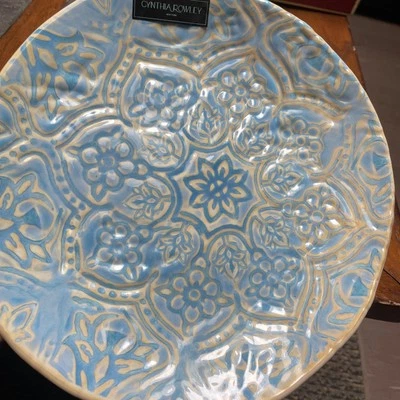 2 CYNTHIA ROWLEY AQUA BLUE EMBOSSED MEDALLION OVAL MELAMINE 9.5" Salad Plate New - Image 1 of 3