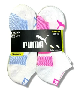PUMA SOCKS WOMEN'S - LOW CUT 253 - KIRO WHITE BLUE PINK - SHOE SZ 5-9.5 - PACK 6 - Picture 1 of 2