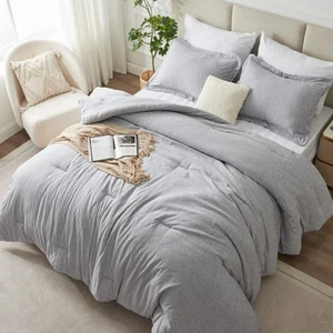 Queen Comforter Set - 3 Pieces Light Grey Soft Luxury Cationic Dyeing Queen C... - Picture 1 of 9