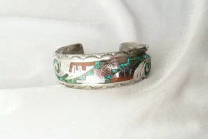 Delvin J Nelson Navajo Handwerk Sterling Türkis Koralle Inlay Chip Manschette Armband - Bild 1 von 8