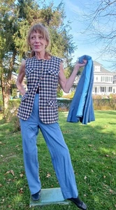 Vintage 1960's SOFT  BABY BLUE GINGHAM PINK VEST 3 Piece PANT SUIT JACKET L  - Picture 1 of 6