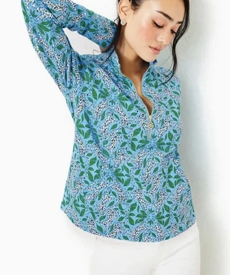 Lilly Pulitzer Melena Popover Top Blue Leaping Leopards, UPF 50+, Size XS New - Изображение 1 из 4