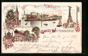 Lithographie Wittenberge, Kath. Kirche, Hafenpartie, Kriegerdenkmal und Bahnstr  - Picture 1 of 2