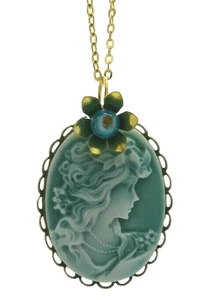 Women's Lady Princess Green Cameo Flower Charm Pendant Gold Necklace - Picture 1 of 6