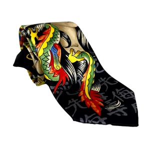 Ed Hardy by Christian Audigier Necktie Mens Black Chinese Dragon & Asian Women - Picture 1 of 10