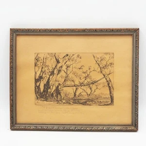 Antique Etching Print Neville C. Davidon Jr. Sycamores Fishing Signed Framed - Picture 1 of 4