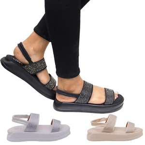 Damen Diamanté Komfort gepolsterte Innensohle Flatform Slingback Schieber Sandalen - Bild 1 von 11