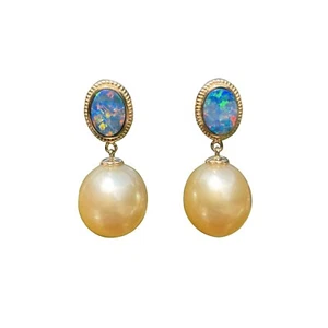 Australia Doublet Opal 9K Gold seawater pearl Yellow Earring stud 29.3ct 136E - Picture 1 of 12