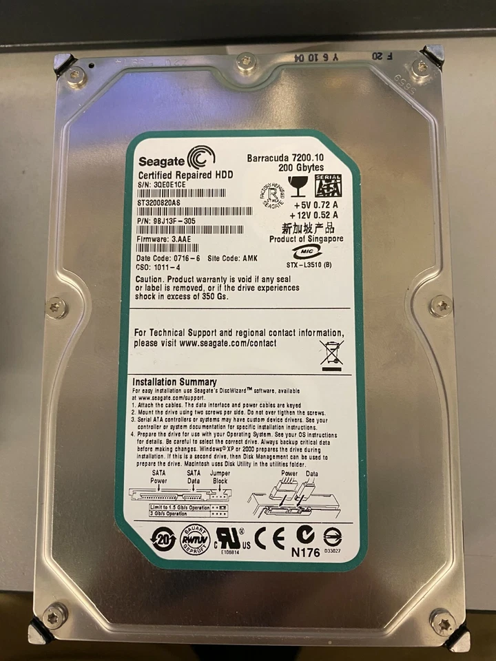 Seagate ST3200820AS   PN 9BJ13F-305 FW 3.AAE 200GB SATA - Image 1 of 1
