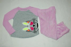 Girls Pajamas Set CAT W/ BUNNY EARS Gray & Lilac KNIT L/S TOP Fleece Bottoms XS - Picture 1 of 1