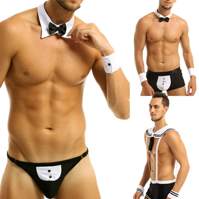 Sexy Mens Waiter Gentleman Underwear Costume Sets Tuxedo Bow Tie Collar Thong - Photo 1/1