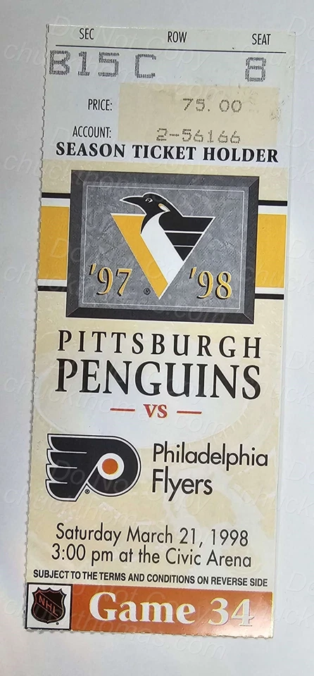  Boleto Penguin Great Ron Francis 1000th Career Assist Penguin 21 de marzo de 1998 Foto 1 de 1