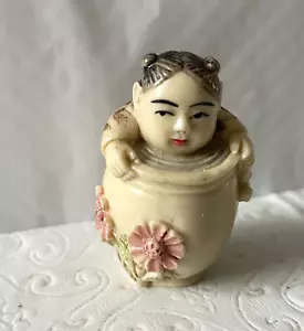 Japanese Signed Netsuke Resin Little Girl W Pigtails in Large Pot Flowers Vintag - Picture 1 of 9