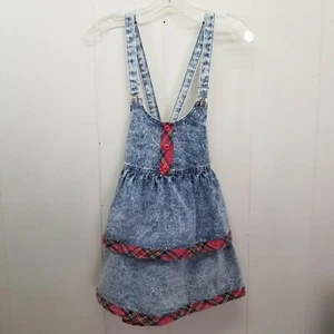 Vintage Acid Wash Denim Blue Jean Plaid Trim Overall Jumper Dress Girls 10 - Picture 1 of 6