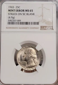 1965 Washington Quarter Error Struck On 5c Blank NGC MS65 WOW - Picture 1 of 2