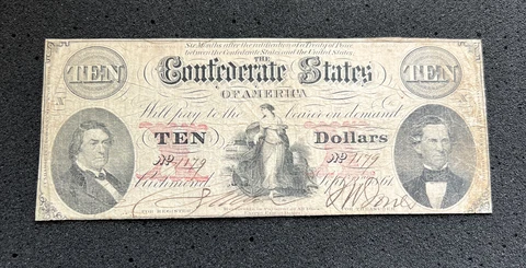 Confederate States of America Paper Money Hope with Anchor $10 1861 Type 26 F-VF Cover