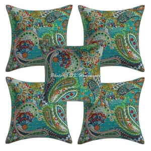 Bohemian Cotton Paisley Throw Pillow Covers Kantha Indian Set Of 5 Pillowcase - Picture 1 of 6