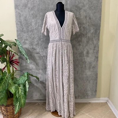 Женские вязаные крючком кружева макси размер L серый v-образным вырезом платье богемное коттедж ядро с подкладкой - Изображение 1 из 4