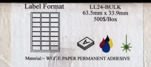 63.5mm x 33.9mm Self Adhesive Sticky Labels - 100 Sheets - 24 Per A4 Sheet LL24 - Picture 1 of 1