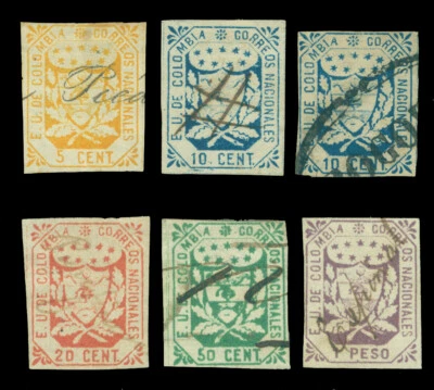 COLOMBIA 1864  Coat of Arms - complete set -  Scott # 29-34 used VF  - Image 1 of 2