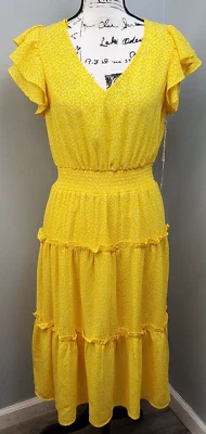 Jessica Simpson Tiered Dress Women's L Yellow White Smocked Waist Flutter Sleeve - Image 1 of 4