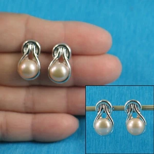 Solid Sterling Silver Love Knot Pink Pearl Stud Earrings - Picture 1 of 4