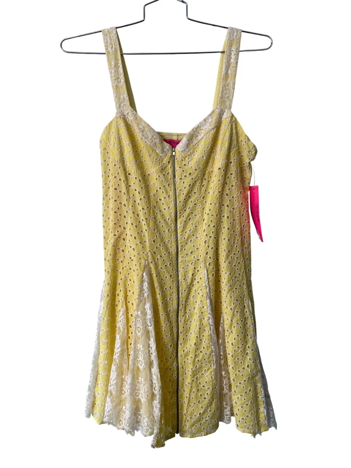 Betsey Johnson Eyelet Floral Lace Mini Dress Size 12 Sleeveless Yellow Pinup NEW - Image 1 of 4