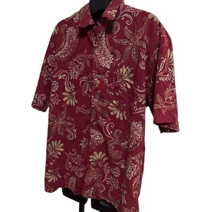 Caribbean Men’s Large Shirt Maroon Leaf Print Cotton Spandex Short Sleeve Button - Picture 1 of 12