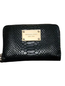 Michael Kors Geldbörse schwarz Schlangenleder geprägtes Leder Kalbsleder umlaufender Reißverschluss Gold - Bild 1 von 13
