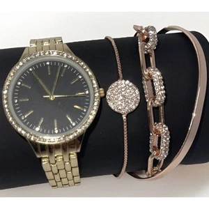 Gold Tone Crystal Watch Bracelet (4pc Set) Elegant Fashion Stylish Trendy Chic - Picture 1 of 16