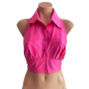90s Y2K Isaac Mizrahi Top Silk Hot Pink Halter Crop M Tie Back Festival Western - Picture 1 of 9